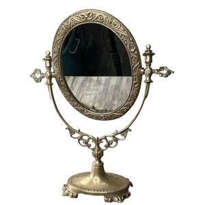 Vintage Antique Brass Mirror Victorian Style Adjustable Footed Vanity Mirror